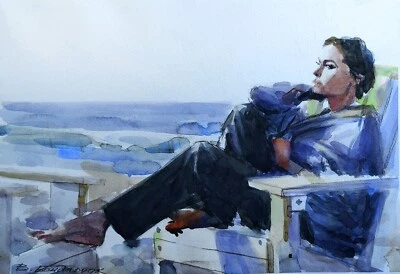 Pintura original em aquarela. Lindo retrato de menina. Ilustração minimalista - Imagem 1 de 4