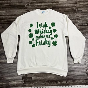 Vintage 90s Irish Whiskey Makes Me Frisky Graphic Crewneck White Large Shamrock  - Picture 1 of 8