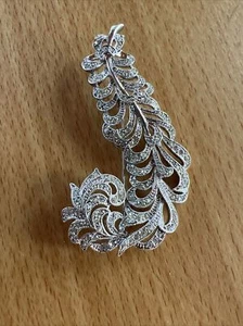 KJL Silver Tone Rhinestone Feather Plume Brooch 3.5” Nina Ricci - Picture 1 of 12