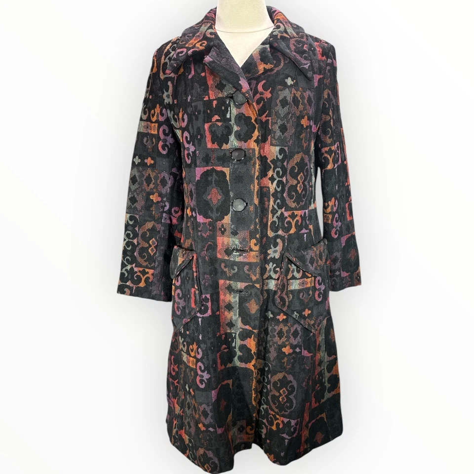 VTG Tapestry Coat Black Floral rainbow 60s 70s Big Collar MCM Jacket Lined M/L - Image 1 of 4