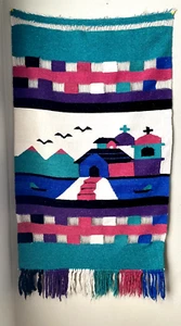 Vintage Südwesten gewebt Wandbild Wandteppich Kirche Pastell Pueblo Landschaft Vögel - Bild 1 von 6