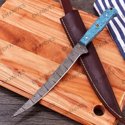 EH KNIVES HANDMADE DAMASCUS STEEL FISHING FILLET KNIFE TURUOISE RESIN HANDLE 3929