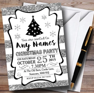 Silver White & Black Striped Personalised Christmas Party Invitations - Picture 1 of 1
