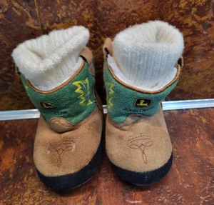 John Deere Baby Toddler Cowboy Slippers - XS 3-4 - Suade Boot Brown Green - Picture 1 of 5