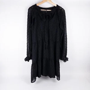 NWT Aqua Tie Neck Ruffle Sheer Swiss Dot Mini Dress Black Womens Size Small - Picture 1 of 11