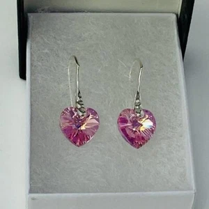 925 Silver Heart Earrings Jewellery Pink Rose Made With Austrian Crystals - Picture 1 of 11