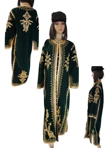 Vintage Hand stitched Caftan Robe Moroccan Green Velvet S /M TALL, satin Lined - Picture 1 of 18