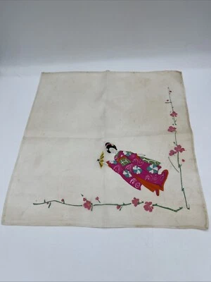 Pañuelo de seda japonés vintage años 40 niña geisha recuerdo floral LEER Foto 1 de 4