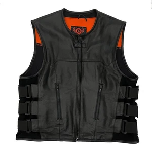 True Element Mens Bike Black Swat Team Style Motorcycle Leather Vest Mens 2XL 2X - Picture 1 of 5