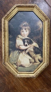 Estampado enmarcado vintage ITALIA Miss Jane Bowles niña y perro madera florentino - Imagen 1 de 6