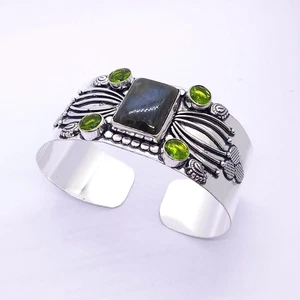 925 Sterling Silver Labradorite & Peridot Gemstone Jewelry Cuff Bracelet - Picture 1 of 4