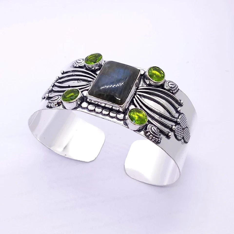 925 Sterling Silver Labradorite & Peridot Gemstone Jewelry Cuff Bracelet - Image 1 of 4