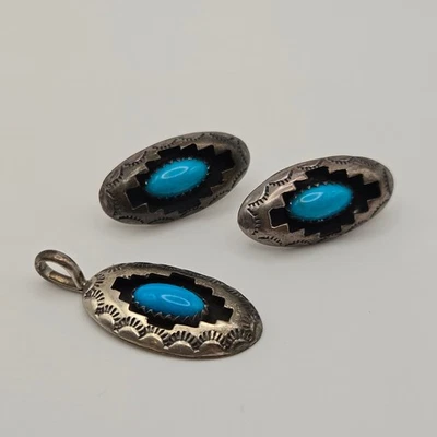 Colgante y pendientes vintage de plata 925 ovalados suroeste/navajo centro turquesa Foto 1 de 2