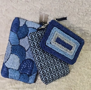 Chico Nosz Trio Wristlet Blue 8.5" 7" 6" All Zip Lined Stripe Fabric - Picture 1 of 8