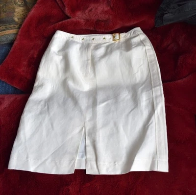 Y2K Escada Designer Skirt Silk Linen Blend Cream Pencil Gold Hardware EU Siz 40 - Image 1 of 4