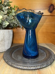 Vintage MCM Lefton Hand Blown Swirled Ruffle Edge Blue Glass 6 Inch Bud Vase - Picture 1 of 15