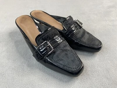 Donald J Pliner Shoes Women 9 Black Leather Mule Calf Hair Slide Buckle Kitten - Image 1 of 4