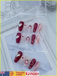 Handmade 3D Press-on Nails Red with Chain Flower Heart Diamond Medium Coffin - Picture 1 of 4