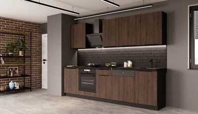 Küche MONZA BASIC 280 Küchenzeile Küchenblock Einbauküche Nussbaum Okapi Schwarz - Bild 1 von 4