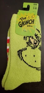 Bioworld Dr Seuss The Grinch Face Fuzzy Crew Socks Striped Size 5-10 Christmas - Picture 1 of 3