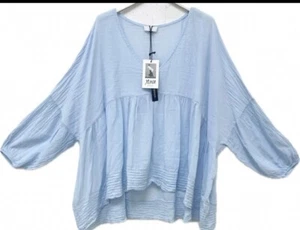 Italy Damen Bluse Hängerchen Tunika langarm V-Ausschnitt hellblau Gr. 38 - 44 - Bild 1 von 1