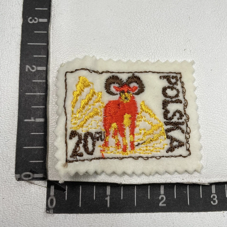 Vtg POLAND POLSKA 20 GR Postage Stamp Theme Felt Patch ORANGE Mouflan Sheep 00TM Foto 1 de 2