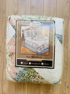 Vtg King Size Hand Crafted Cotton Quilt & 2 Shams Star Meadows New In Bag - Picture 1 of 5