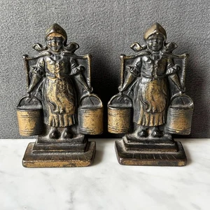 Vintage Dutch Milk Maid Bookends Cast Iron Dutch Girl with Milk Pails Door Stop - Picture 1 of 11