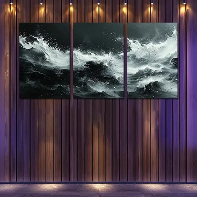 3pcs Stormy Sea Waves Crashing Against Shore Wall Art Canvas  Unframed/Framed - Image 1 of 4