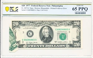 Federal Reserve Note Philadelphia USA $20 1977 Printed Foldover Error PCGS 65PPQ - Picture 1 of 2