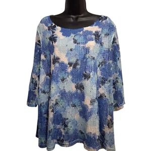 Catherines Blue and White Layered Blouse 2X, 3/4 Sleeve Artistic Women's Top - Picture 1 of 11