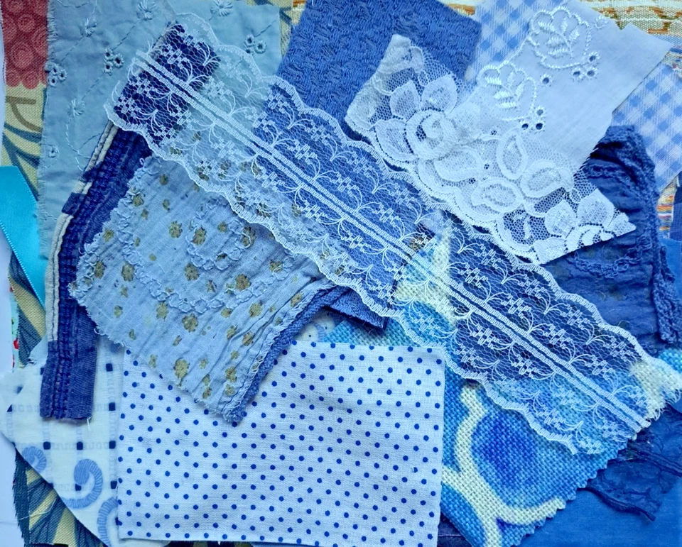 Shades of Blue Fabric Scraps Bundle Slow Stitch Inspirational Kit 60 Pcs Sewing - Image 1 of 4