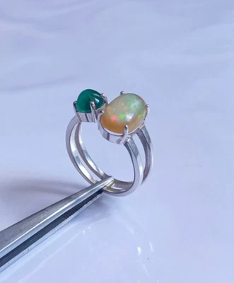 Anello ovale doppia pietra opale e smeraldo argento sterling 925 gioiello... - Immagine 1 di 4