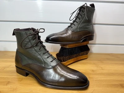 Botas Chelsea Para Hombres Mezlan Marrón y Verde Dos Tonos Piel de becerro Talla 7M EE. UU. Con Cordones Cremallera Foto 1 de 4