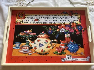 Bandeja de servir vintage Mary Engelbreit/decoración de pared “Gracias a Dios por el té” colorida - Imagen 1 de 8