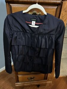 J Crew Women's Crop Silk Ruffle Jacket Size 2 Color Blue Pre-owned