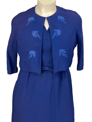 Винтажный 1940-х вышитый темно-синий шелк платье комплект, куртка костюм XL XXL плюс размер - Изображение 1 из 4