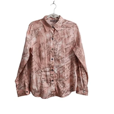 Chicos Blouse 2 Large Polo Top Pink Postcard Letter Mail Design Long Sleeve - Image 1 of 4
