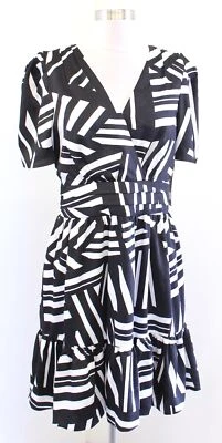 Nuevo con etiquetas Vestido Karl Lagerfeld Negro Blanco Estampado Geométrico Abstracto Línea A Volantes 6 Foto 1 de 4