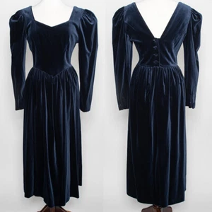 Vintage Laura Ashley Navy Velvet Princess Midi Prom Dress Size 10 EUC - Picture 1 of 6