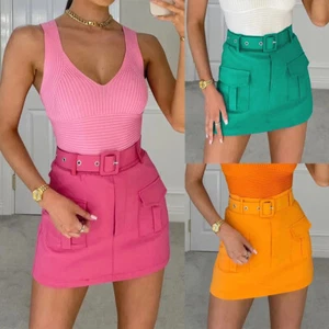 Women's Short Skirt High Waist Pocket Multi Solid Color Pockets Party Summer# - Picture 1 of 23