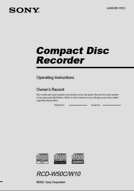 Sony RCD-W50C - W10 Compact Disc CD Recorder Operating Instruction  USER MANUAL  - Image 1 of 1