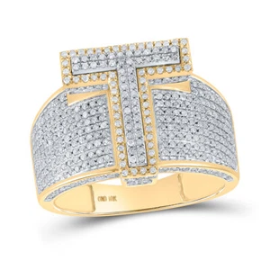 10kt Two-tone Gold Mens Round Diamond T Initial Letter Ring 1-1/5 Cttw - Picture 1 of 1
