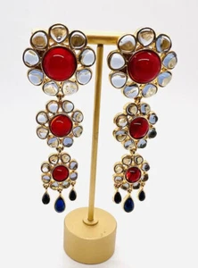 Long Catwalk Jon Poured Resin & Red Glass Cabochon Drop Dangle Earrings 3 5/8 in - Picture 1 of 8