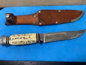 Vintage Fixed Blade Hunting Knife PIC Solingen Germany Leather Sheath 9” Long