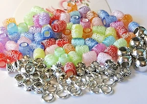 155 Frosted Lustre Drawbench Beads, All colours 9mm,Alloy/donut rings*large hole - Picture 1 of 2