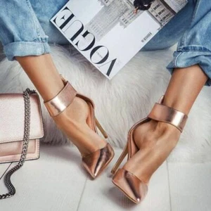 New Women Closed Pointy Toe Wide Buckle Ankle Strap Stiletto High Heel Pump Shoe - Picture 1 of 13