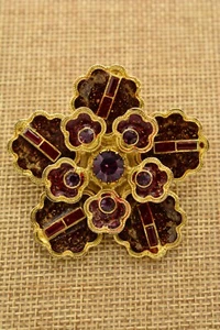 Vintage Flower Pin Brooch Red Enamel Rhinestone Crystal Gold Tone Heavy BinB - Picture 1 of 12