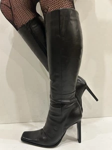 Vintage Bronx Black Leather Knee High Square Toe Boots UK6 EU39 VGC - Picture 1 of 13