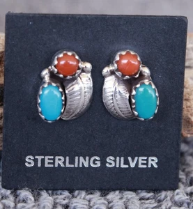 Turquoise Coral Stud Earrings Navajo Betty Hawthorne Native American - Picture 1 of 4